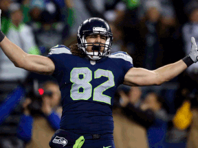 LaSalle's Luke Willson of the Seattle Seahawks celebrates after scoring a 25-yard touchdown in the fourth quarter against the Carolina Panthers during the 2015 NFC Divisional Playoff game at CenturyLink Field Saturday in Seattle, Washington. (Photo by Otto Greule Jr/Getty Images)