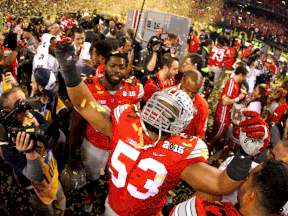 Ohio State defensive lineman Michael Bennett celebrates after defeating the Oregon Ducks 42-20 in the College Football Playoff National Championship Game at AT&T Stadium Monday in Arlington, Texas.  (Photo by Jamie Squire/Getty Images)