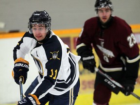 University of Windsor's Spencer Pommells carries the puck away from Concordia's Stefano Momesso in OUA men's hockey action at South Windsor Arena Friday January 16, 2015. (NICK BRANCACCIO/The Windsor Star)