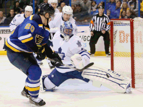 St. Louis's Alexander Steen, left, scores a goal on goaltender Jonathan Bernier during the third period in St. Louis. (AP Photo/St. Louis Post-Dispatch, Chris Lee)