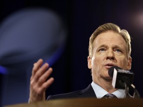 NFL Commissioner Roger Goodell participates in a news conference for NFL Super Bowl XLIX football game Friday, Jan. 30, 2015, in Phoenix. (AP Photo/Matt Slocum)