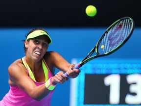 MELBOURNE, AUSTRALIA - JANUARY 28:  Madison Keys of the United States plays a backhand in her quarterfinal match against Venus Williams of the United States during day 10 of the 2015 Australian Open at Melbourne Park on January 28, 2015 in Melbourne, Australia.  (Photo by Clive Brunskill/Getty Images)