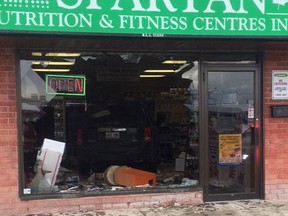 Emergency crews were called into action in Leamington Friday morning when a vehicle plowed through the front of a store on Talbot Street West. (Photo By Leamington Fire)