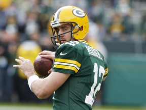 FILE - In this Oct. 19, 2014, file photo, Green Bay Packers quarterback Aaron Rodgers warms up before an NFL football game against the Carolina Panthers in Green Bay, Wis. The Packers will take on the Seattle Seahawks in the NFC Championship on Sunday, Jan. 18, in Seattle. (AP Photo/Mike Roemer, File)