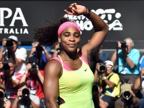 TOPSHOTS Serena Williams of the US celebrates after victory in women's singles semi-final match against Madison Keys of the US on day eleven of the 2015 Australian Open tennis tournament in Melbourne on January 29, 2015. AFP PHOTO / PAUL CROCK-- IMAGE RESTRICTED TO EDITORIAL USE - STRICTLY NO COMMERCIAL USEPAUL CROCK/AFP/Getty Images