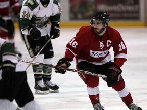 Flyers Mitchell Amonte, right, skates against St. Thomas Stars n Greater Ontario Junior Hockey League action from Heinz Arena in Leamington, January 22, 2015. Tyler Duarte scored in overtime, Leamington won, 4-3. (NICK BRANCACCIO/The Windsor Star)