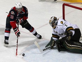 Spits Sam Povorozniouk has a good scoring chance against London Knights goaltender Tyler Parsons in OHL aciton from WFCU Centre Thursday January 29, 2015. Parsons made the save. (NICK BRANCACCIO/The Windsor Star)