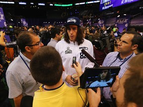 LaSalle's Luke Willson of the Seattle Seahawks addresses the media at Super Bowl XLIX Media Day in Phoenix Tuesday. (Elsa/Getty Images)