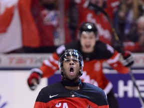 Canada's Anthony Duclair celebrates his first-period goal against Russia during the gold-medal game at the IIHF World Junior Championship in Toronto Monday. (THE CANADIAN PRESS/Frank Gunn)