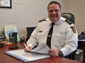 Amherstburg Police Chief Tim Berthiaume in his office Jan. 16, 2015. Amherstburg council has asked Berthiaume for a costing on OPP service.  JULIE KOTSIS/The Windsor Star