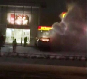 Reader video: Adam Collins was driving by the Lakeshore Cinemas and CIBC bank near Manning Road in St. Clair Beach when he filmed this short clip of a car blazing in the parking lot on Jan. 8, 2015.