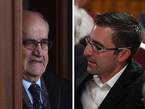 Former Veterans Affairs minister Julian Fantino (L) leaves Rideau Hall in Ottawa on Jan. 5, 2015. Wounded Afghanistan veteran Bruce Moncur (R) attends a political event in August 2014. (Sean Kilpatrick / Canadian Press) (Tyler Brownbridge / The Windsor Star)
