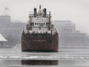 The Rt. Hon. Paul Martin freighter is anchored on the Detroit River near downtown Windsor, ON. on Thursday, Jan. 29, 2015. Reports of ice in the shipping channels caused ships to anchor while waiting for a Coast Guard escort. (DAN JANISSE/The Windsor Star)