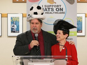 John Fairley and Elaine Snaden (right) speak during a kick-off for the annual Hats On for Healthcare at Windsor Regional Hospital MET campus in Windsor on Tuesday, January 13, 2015. This year's event will take place on February 11th and will benefit the Renal Dialysis Program at the Ouellette Campus. Organizations are encourage to participate by asking members or employees to donate a "toonie" in exchange for wearing a hat.     (TYLER BROWNBRIDGE/The Windsor Star)