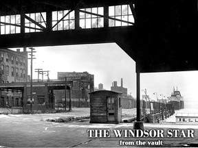 The old Ferry Company docks, below Sandwich Street (now Riverside Drive) and west of Ouellette Avenue. The old car entrance, which appears in this photo, has not been used for years. They would be destroyed, the whole area brightened with new buildings and a park so that all Windsor's people may properly enjoy their river. (FILES/The Windsor Star)
