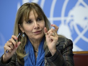 Dorit Nitzan, WHO Representative and Head of Country Office in Ukraine, speaks during a press conference about the update on the health situation in Ukraine and on WHO activities at the European headquarters of the United Nations, in Geneva, Switzerland, Friday, Jan. 16, 2015. (AP Photo/Keystone, Martial Trezzini)