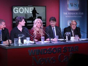 From Left,  University of Windsor president Alan Wildeman, Youth Attraction & Retention Coordinator at WEtech Alliance Dan Brown, Interim President and CEO of WEtech Alliance Yvonne Pilon ,   president and CEO of the Windsor-Essex Regional Chamber of Commerce Matt Marchand, and St. Clair College president John Strasser during the Windsor Gone Forum held at the Windsor Star News Cafe in Windsor, Ontario on January 15, 2015. (JASON KRYK/The Windsor Star)