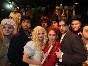The cast of Sweeney Todd includes Rebecca Mickle, left front, as The Beggar Woman, Brian Khan as Anthony Hope, Christine Chemello as Johanna, Tracey Atin as Mrs. Lovett, Christopher Lawrence-Menard as Sweeney Todd and Carom O’Halloran, right, as Adolfo Pirelli. Second row, Noah Beemer, left, as Tobias Ragg, Jake Simpkins as The Beadle and Gregory Girty plays Judge Turpin. (NICK BRANCACCIO / The Windsor Star)