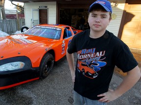 Street Stock race car driver Ray Morneau of Windsor is gearing up for the stock car season at Flat Rock, Michigan.  But win or lose, Morneau knows he can't drive home from the race track.  Morneau, 14, won't get his driver's license for another two years though he's won driving championships on the track. (NICK BRANCACCIO/The Windsor Star)