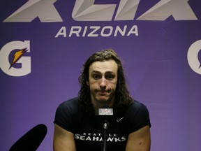 LaSalle's Luke Willson answers questions during a news conference after the loss against the New England Patriots in the Super Bowl Sunday in Glendale, Ariz. (AP Photo/Matt York)