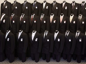 WINDSOR, ON. MAR 28. In this file photo, it's much like March of the Penguins as row upon row of tuxedo jackets highlight the vest and tie options at Merlo Formal Rental and Sales.       (Windsor Star - Tyler Brownbridge)