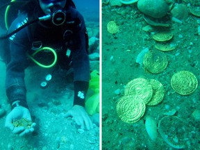 Some of the gold coins discovered on the seabed in the ancient harbour in the Israeli town of Caesarea.