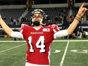Caledonia's Liam Putt celebrates after Team Canada's victory at the International Bowl in Texas. (Courtesy of nfl.com)