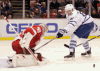 Toronto’s James van Riemsdyk, right, has his shot deflected by Detroit goalie Jonas Gustavsson Saturday in Detroit. (AP Photo/Duane Burleson)