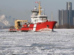 The Canadian Coast Guard icebreaker Samuel Risley chugs along the Detroit River on Monday, Feb. 23, 2015. (Dan Janisse/The Windsor Star)