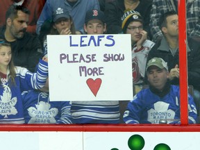 Leafs fans show their feelings after the Ottawa Senators took a 3-0 lead in the first period in Ottawa. (THE CANADIAN PRESS/Sean Kilpatrick)