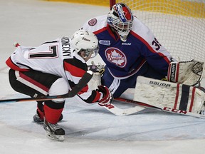 Ottawa 67s Travis Konecny scores a dazzling goal against Windsor goaltender Alex Fotinos in first perod of OHL action from WFCU Centre Thursday February 26, 2015. (NICK BRANCACCIO/The Windsor Star)