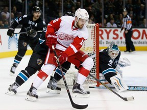 Detroit's Riley Sheahan, centre, tries to score on San Jose goalie Antti Niemi at the SAP Center Thursday in San Jose. (Photo by Ezra Shaw/Getty Images)