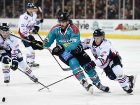 Amherstburg's Kevin Westgarth, centre, is checked during a game between Belfast and Dundee in the Elite Ice Hockey League in Belfast, Northern Ireland. (Courtesy of the Belfast Giants)