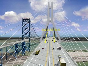 An artist rendering for the Ambassador Bridge Enhancement Project depicts a second span to the west of the existing Ambassador Bridge. (Courtesy of the Ambassador Bridge Enhancement Project)