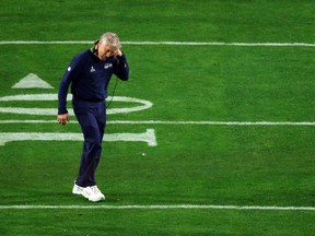 Head coach Pete Carroll of the Seattle Seahawks looks dejected after defeat to the New England Patriots during Super Bowl XLIX at University of Phoenix Stadium on February 1, 2015 in Glendale, Arizona. The Patriots defeated the Seahawks 28-24.  (Photo by Mike Ehrmann/Getty Images)