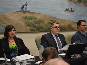 Files: Amherstburg manager of financial services Wendy Dade, left, treasurer Justin Rousseau and CAO John Miceli present the 2015 proposed budget to council Thursday, Feb. 26, 2015. (JULIE KOTSIS/The Windsor Star)