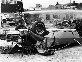 The car that crashed into a gas meter and set off the explosion in downtown Essex on Feb. 14, 1980. (Windsor Star files)