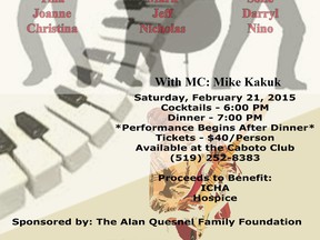 The Giovanni Caboto Club and Arts and Culture/Members’ Events presents a musical evening with the Palazzolo family, Saturday, Feb. 21 at Caboto Club, 2175 Parent Ave. Cocktails at 6 p.m. Dinner is 7 p.m. MC is Mike Kakuk. Proceeds benefit The Hospice of Windsor and Essex County Inc. and the Italian Canadian Handicapable Association. Tickets are $40, available at Caboto. Call 519-252-8383.
