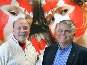 The Great Canadian Flag Project, which includes Michael Beale (L) and Peter Hrastovec, will be seeking final city council approval to erect a giant Canadian Maple Leaf flagpole at the foot of Ouellette Avenue on Windsor's waterfront. (DAN JANISSE/The Windsor Star)