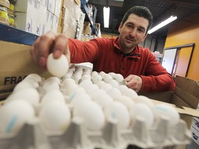 Ali Bazzi, food bank warehouse coordinator at the Unemployed Help Centre,  sorts through some of the 10,000 pounds of fresh meat and eggs food donated by Libro Credit Union.  (JASON KRYK/The Windsor Star)