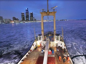 The Canadian Coast Guard Griffon pulls away from the Dieppe Park in Windsor, ON. on on Feb. 26, 2015 at 6:30 a.m. (DAN JANISSE/ The Windsor Star)