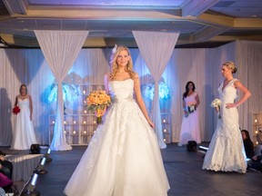 From one of the Wedding Odyssey fashion shows at the Ciociaro Club Jan. 10-11, a model walks down the runway wearing a gown from Sophie’s Gown Shoppe and holding flowers from Anything & Everything. Below, a groom model sports a tux from Tip Top Tailors. Stage decor by It's a Swanky Affair.
- Photo courtesy Misha Z Photography