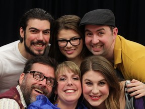 Migration Hall actors Martin Ouellette, botton left, Melinda Lewsaw, Lauren Elliott, Adam Bergamin, top left, Madison Hamm and Aaron Bergeron, top right, pose during dress rehearsal of I Love You, You're Perfect, Now Change. (NICK BRANCACCIO/The Windsor Star)