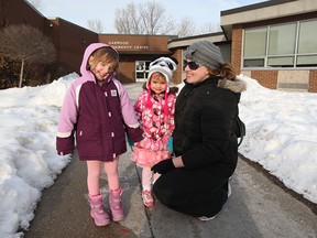 Jody Maskery with daughter Aubry, 4, and niece Emerson, 2, arrive at Oakwood Community Centre, Tuesday February 10, 2015. (NICK BRANCACCIO/Windsor Star)