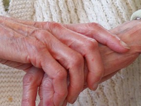 In this file photo, picture are the hands of 95-year-old Bernice Packford of Victoria, B.C., in 2010. Packford wanted the right to die by doctor-assisted suicide. She passed away that year via an overdose of hydromorphone. (Bruce Stotesbury / The Times Colonist)