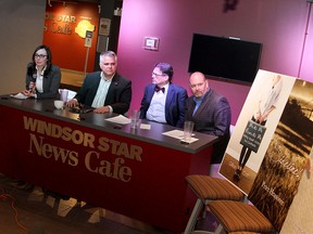 From left to right, Kendra Kirby filling in for Gillian Cott, Peter Hrastovec, John Wing and Dale Jacobs answer questions from the audience, Thursday, Feb. 26, 2015 inside the Windsor Star News Cafe. Readings were done from three upcoming local publications, made in part by University of Windsor Editing and Publishing Practicum students. (RICK DAWES/The Windsor Star)