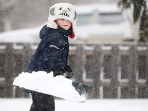 Isaac Desimone, 8, clears the driveway of snow in the midst of a winter storm descending on the Windsor and Essex County region, Sunday, Feb. 1, 2015.  (DAX MELMER/The Windsor Star)