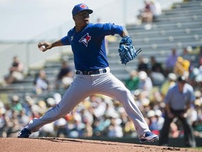 Toronto Blue Jays starting pitcher Marcus Stroman works against the Pittsburgh Pirates during first inning Grapefruit League baseball action in Bradenton, Fla., on Wednesday, March 4, 2015.