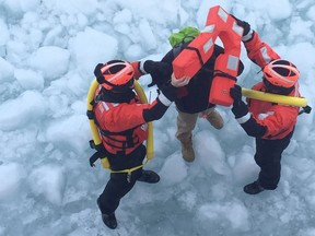 The crew of Coast Guard Cutter Neah Bay, home-ported in Cleveland, rescued a 25-year-old man attempting to walk across Lake St. Clair, March 5, 2015. (LT. JOSH ZIKE/U.S. Coast Guard)