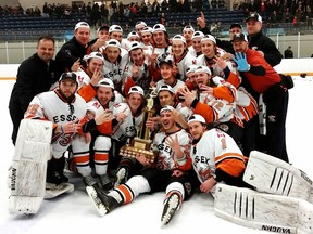 The Essex 73's celebrate after winning the junior C hockey title Friday. (Courtesy of the Essex 73's)